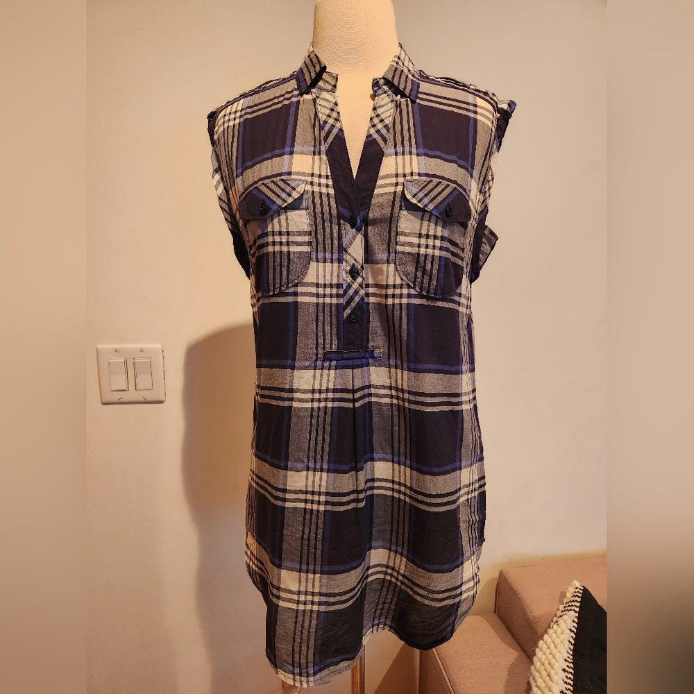 Sandro Blue Plaid Sleeveless Tunic, French Size 1